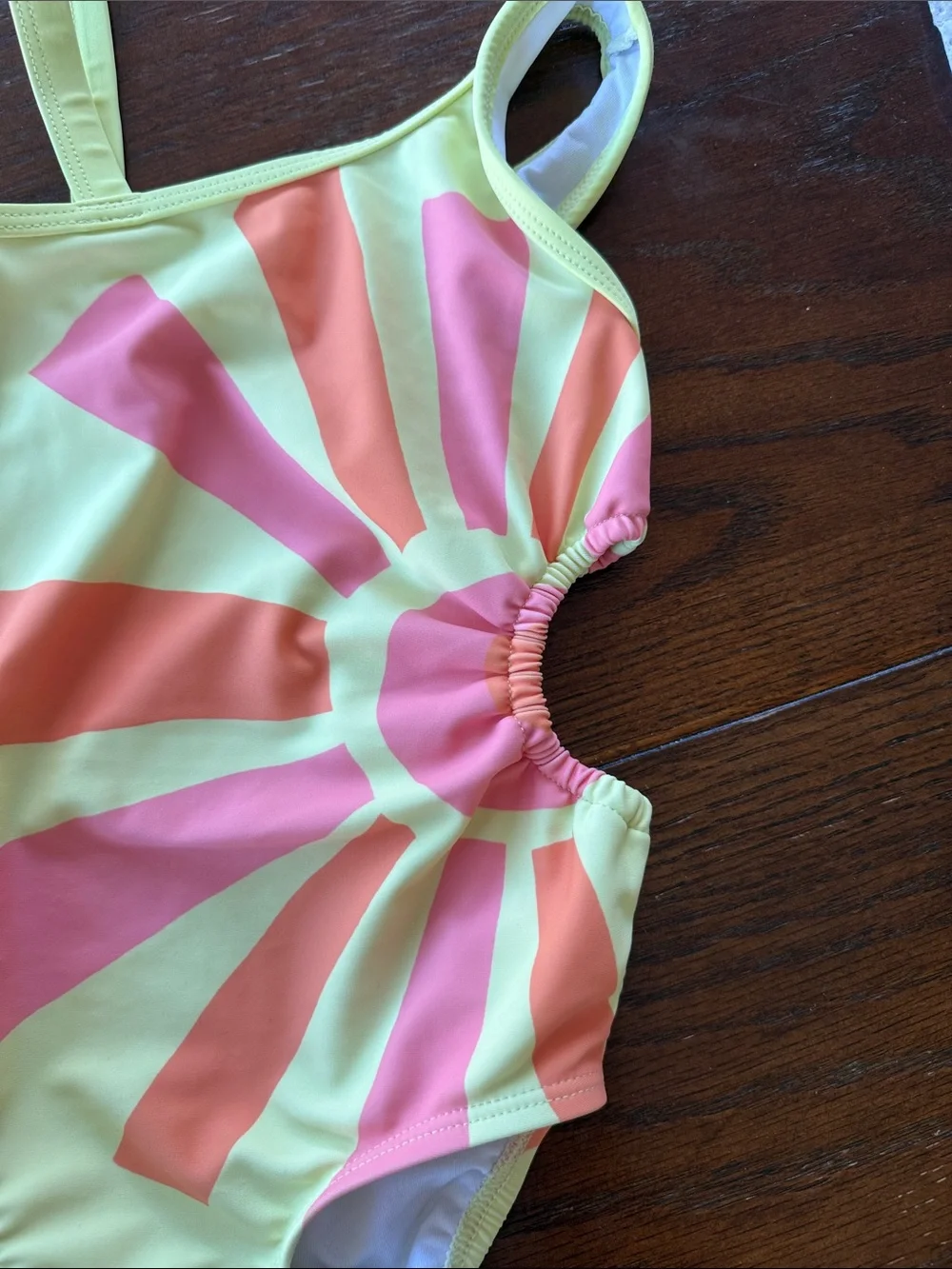 Old Navy Neon Yellow One-Piece Swimsuit with Pink & Orange Sunburst